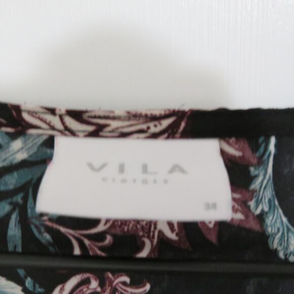 Vila Womens Sz XS Black Pink Green Floral Faux Wrap Blouse V Neck Top - Picture 3 of 6